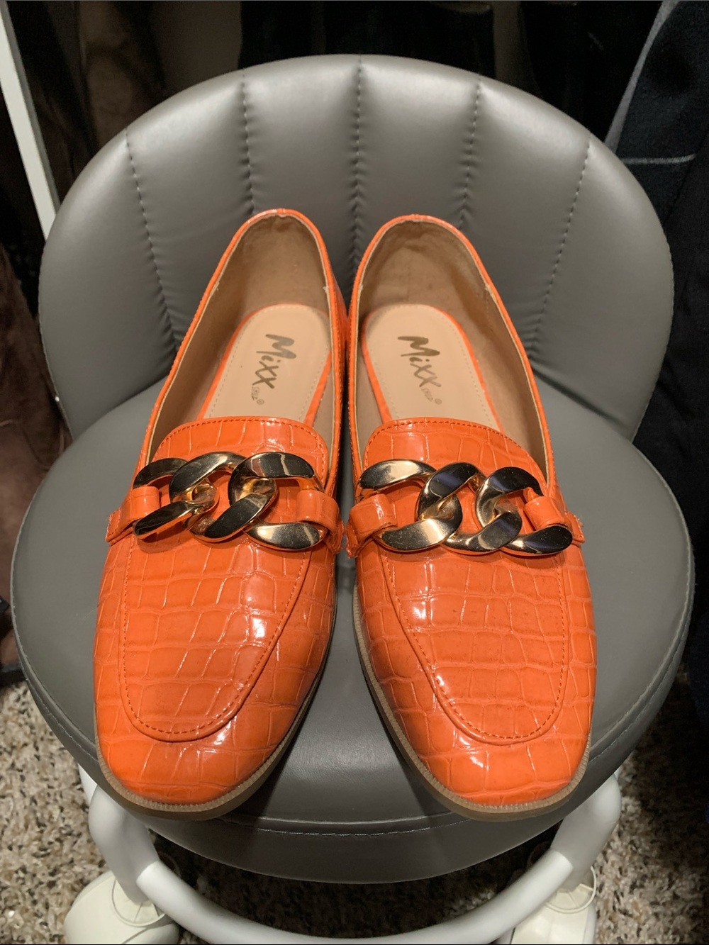 Mixx Shuz Orange Croc-Embossed Loafers with Gold Chain